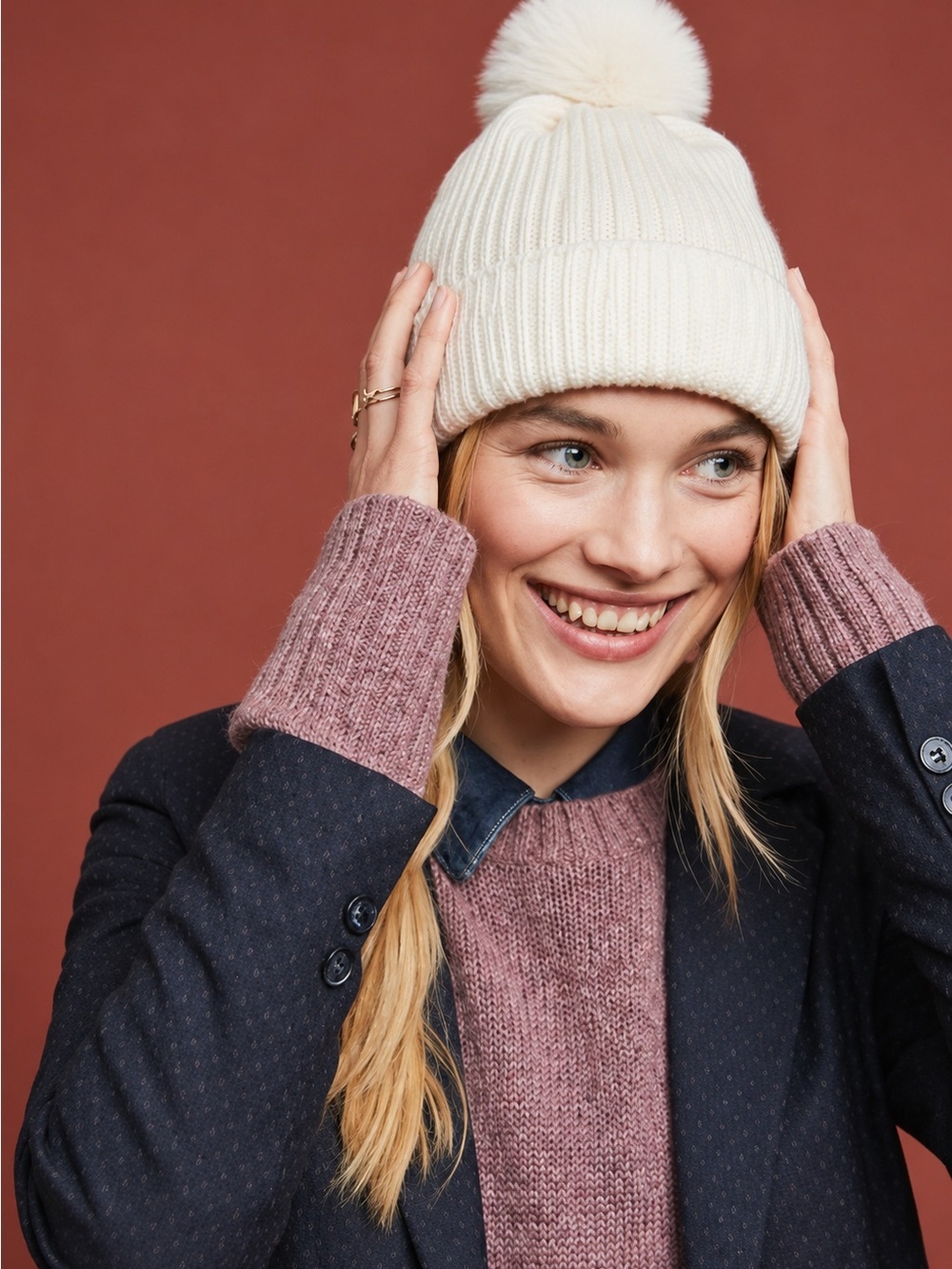 Norla Canada White Knit Pom Beanie Wool Blend Winter Hat